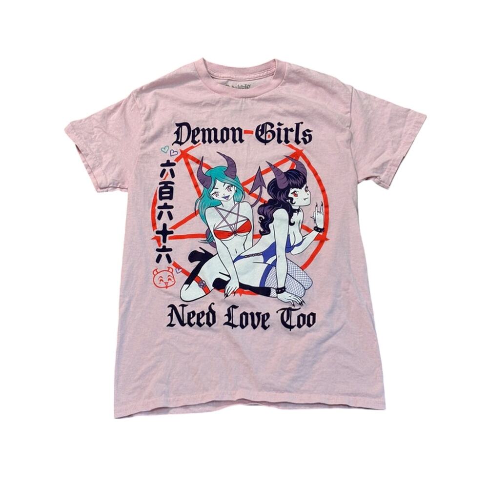 Spencer’s Pink Graphic Unisex Demon Girls Need Love Too Shirt NWOT Size S Small